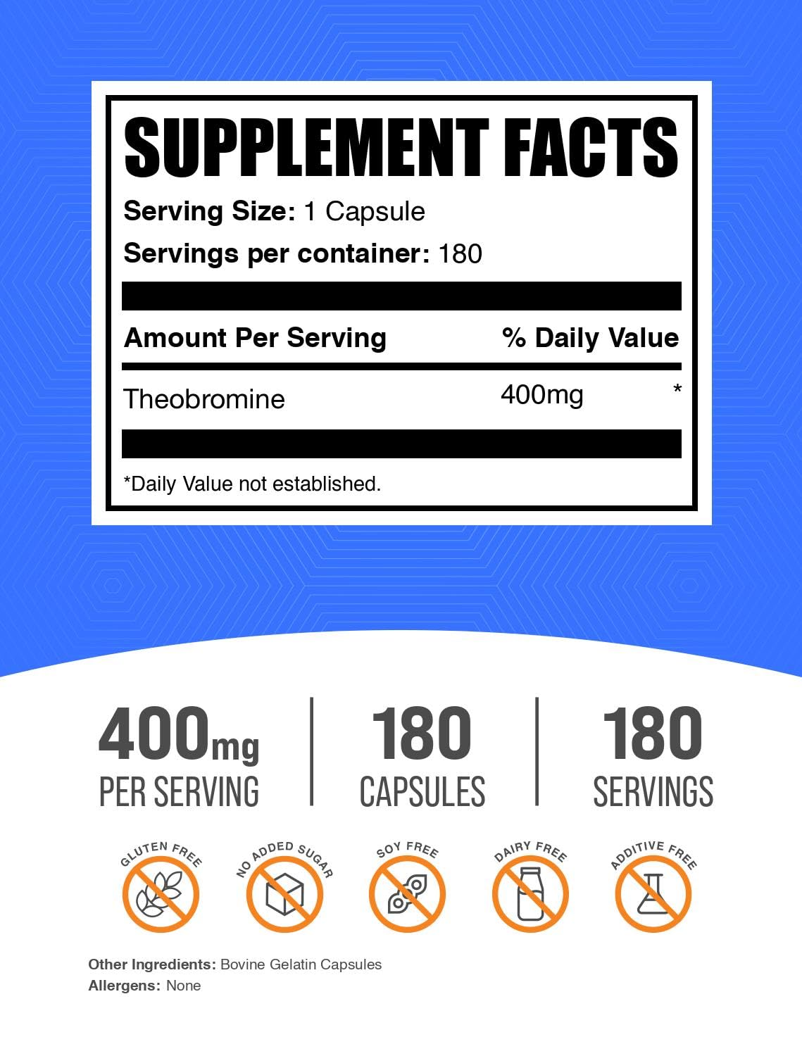 Bouteille de capsules de théobromine BulkSupplements, 180 capsules