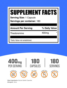 Bouteille de capsules de théobromine BulkSupplements, 180 capsules