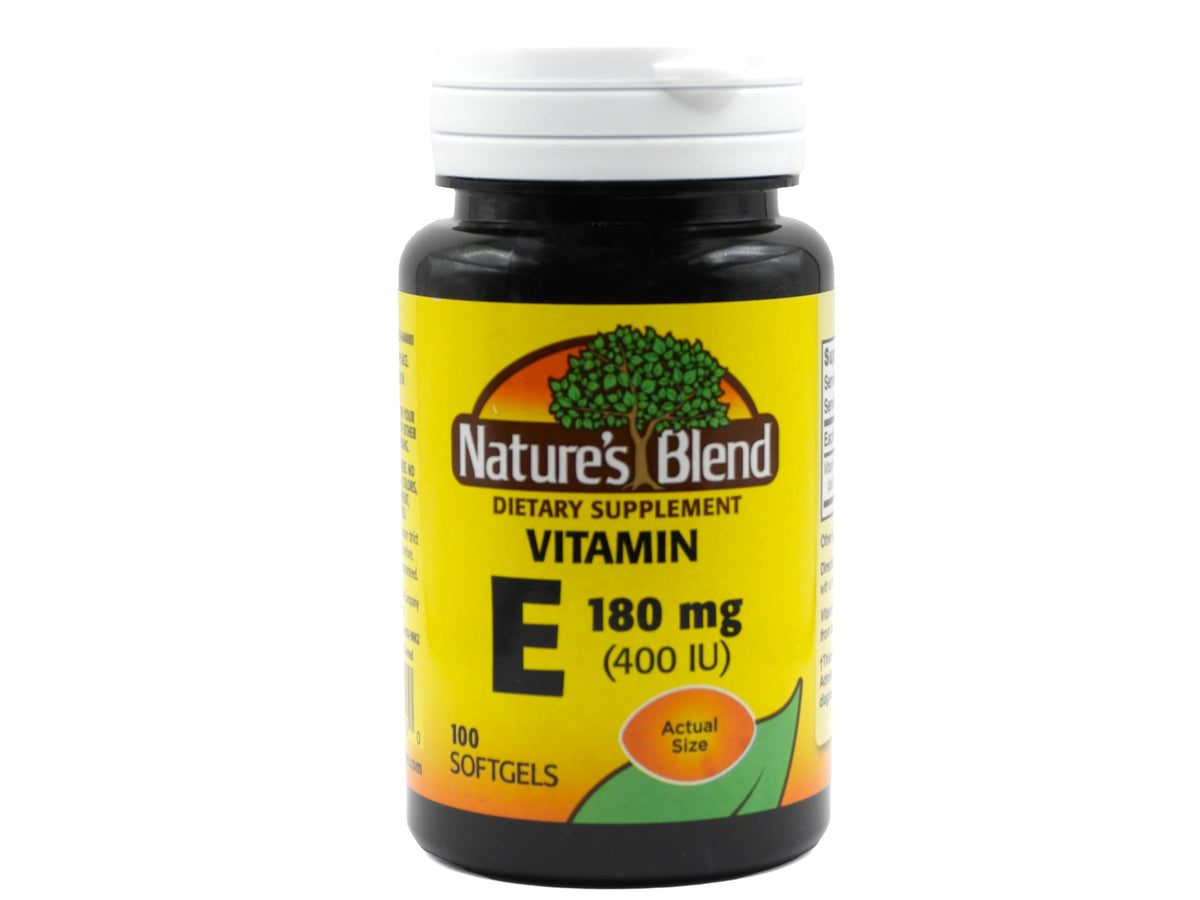 Bouteille de capsules de vitamine E Nature's Blend 400 IU, vue de face