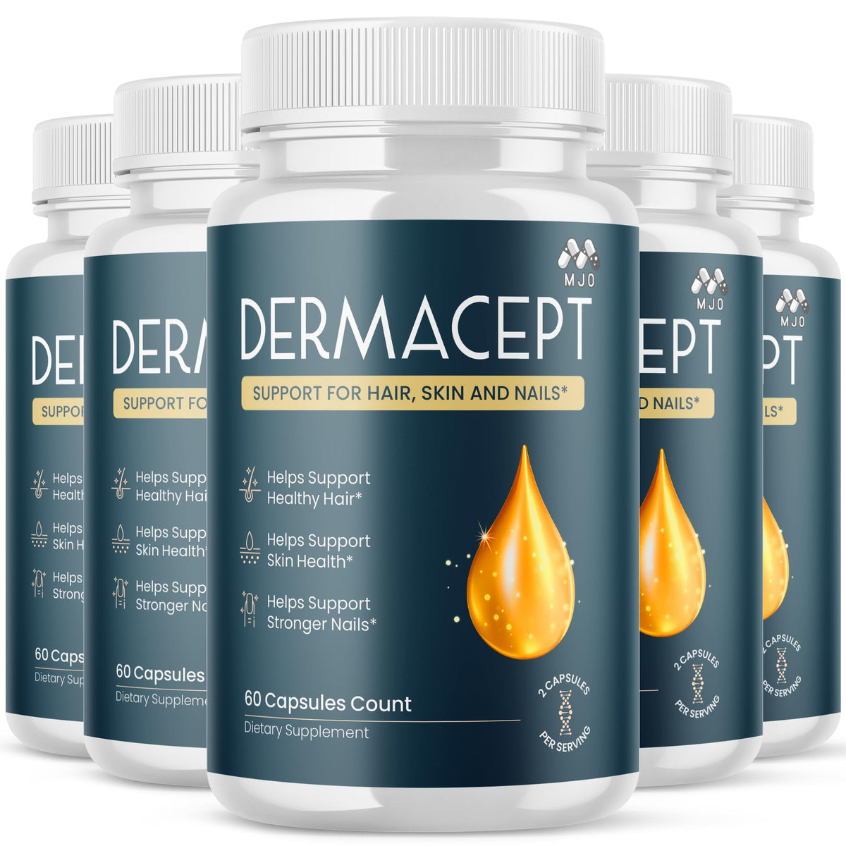 Bouteille de capsules Dermacept MJO vue de face avec étiquetage clair