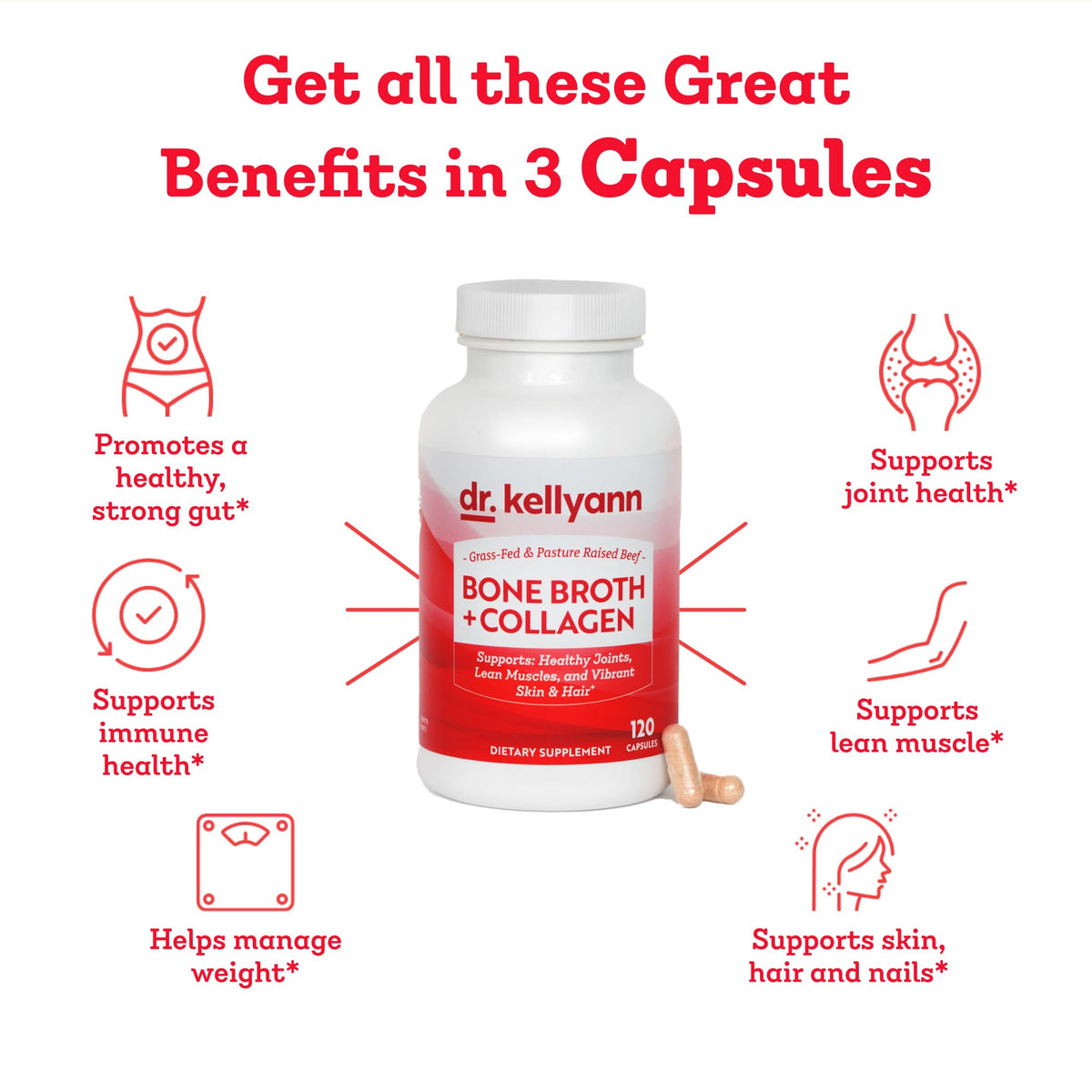 Bouteille de capsules Dr. Kellyann sur une table en bois