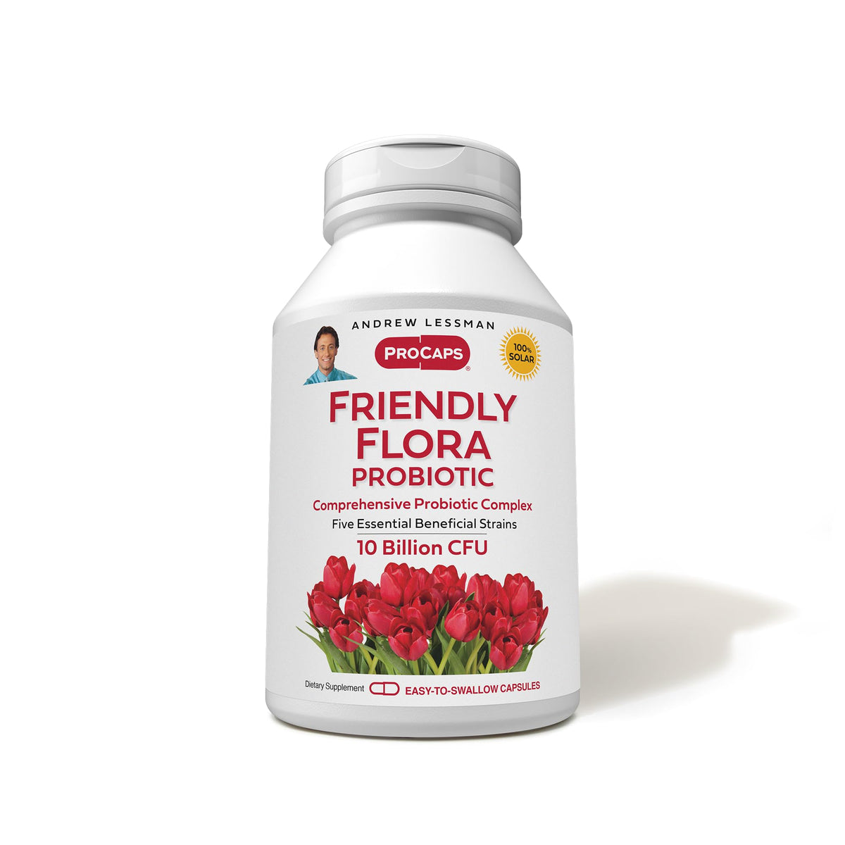 Bouteille de capsules Friendly Flora d'ANDREW LESSMAN vue de face