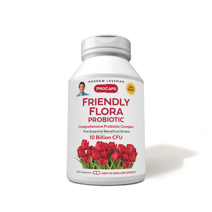 Bouteille de capsules Friendly Flora d'ANDREW LESSMAN vue de face