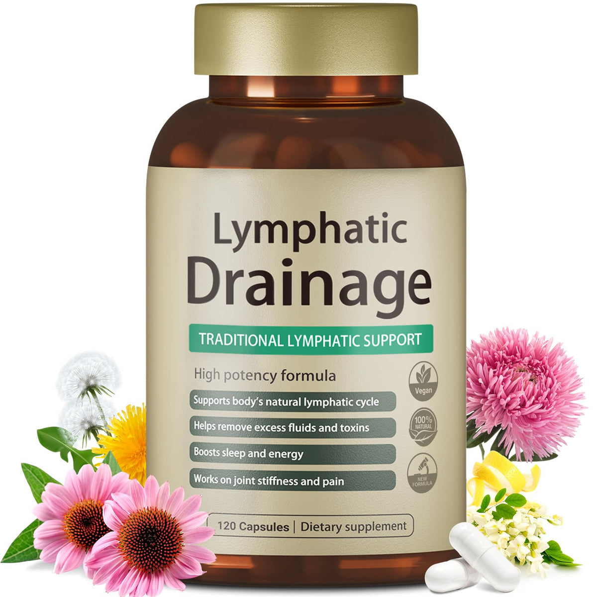 Bouteille de capsules FRZVEO Drainage Lymphatique 120 capsules vue de face