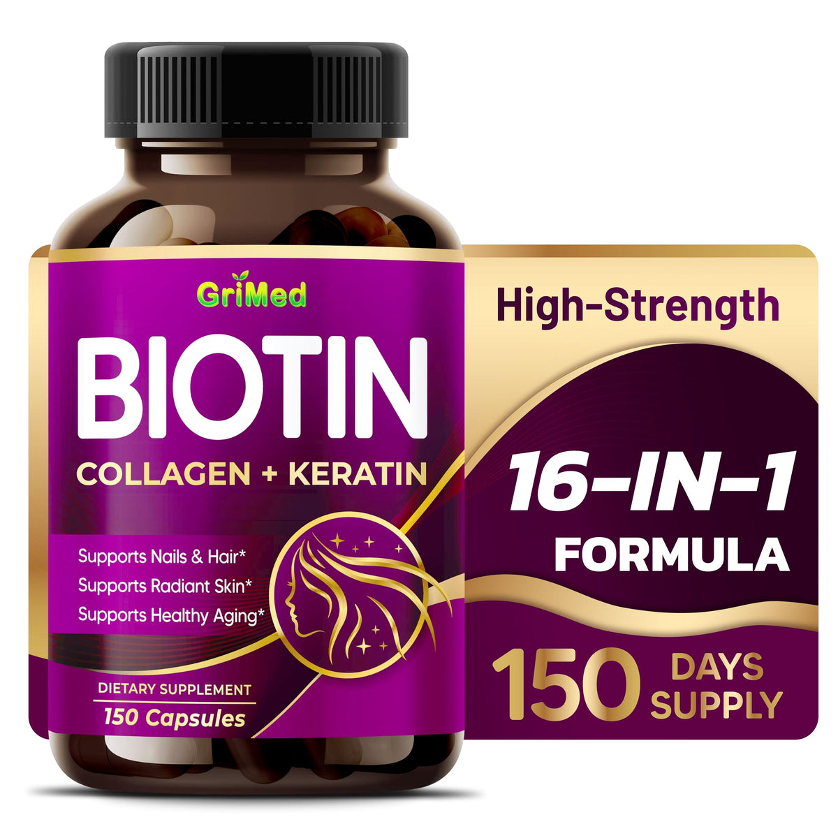 Bouteille de capsules GriMed de biotine avec collagène vue de face