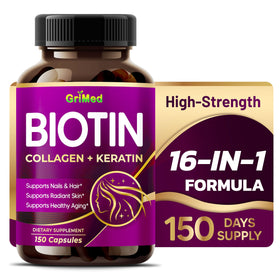 Bouteille de capsules GriMed de biotine avec collagène vue de face