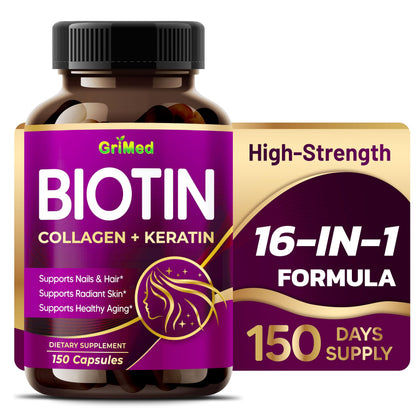 Bouteille de capsules GriMed de biotine avec collagène vue de face