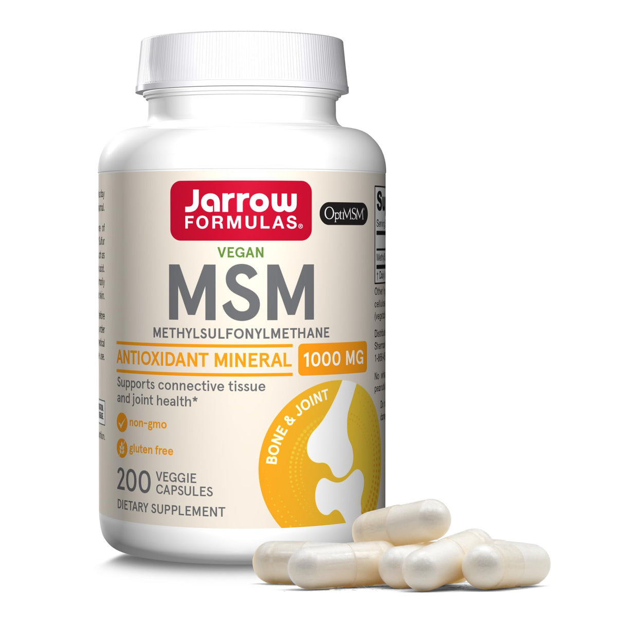 Bouteille de capsules Jarrow Formulas MSM 1000 mg de 200 capsules vue de face