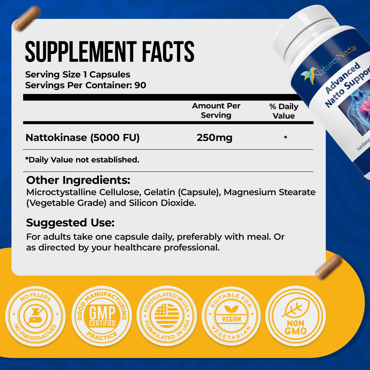 Bouteille de capsules Nattokinase Nature's Nectar 250mg