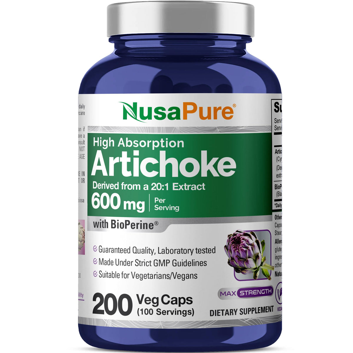 Bouteille de capsules NusaPure Artichaut 600 mg, 200 unités, vue de face