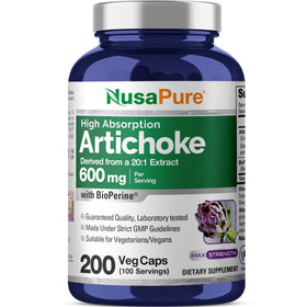 Bouteille de capsules NusaPure Artichaut 600 mg, 200 unités, vue de face