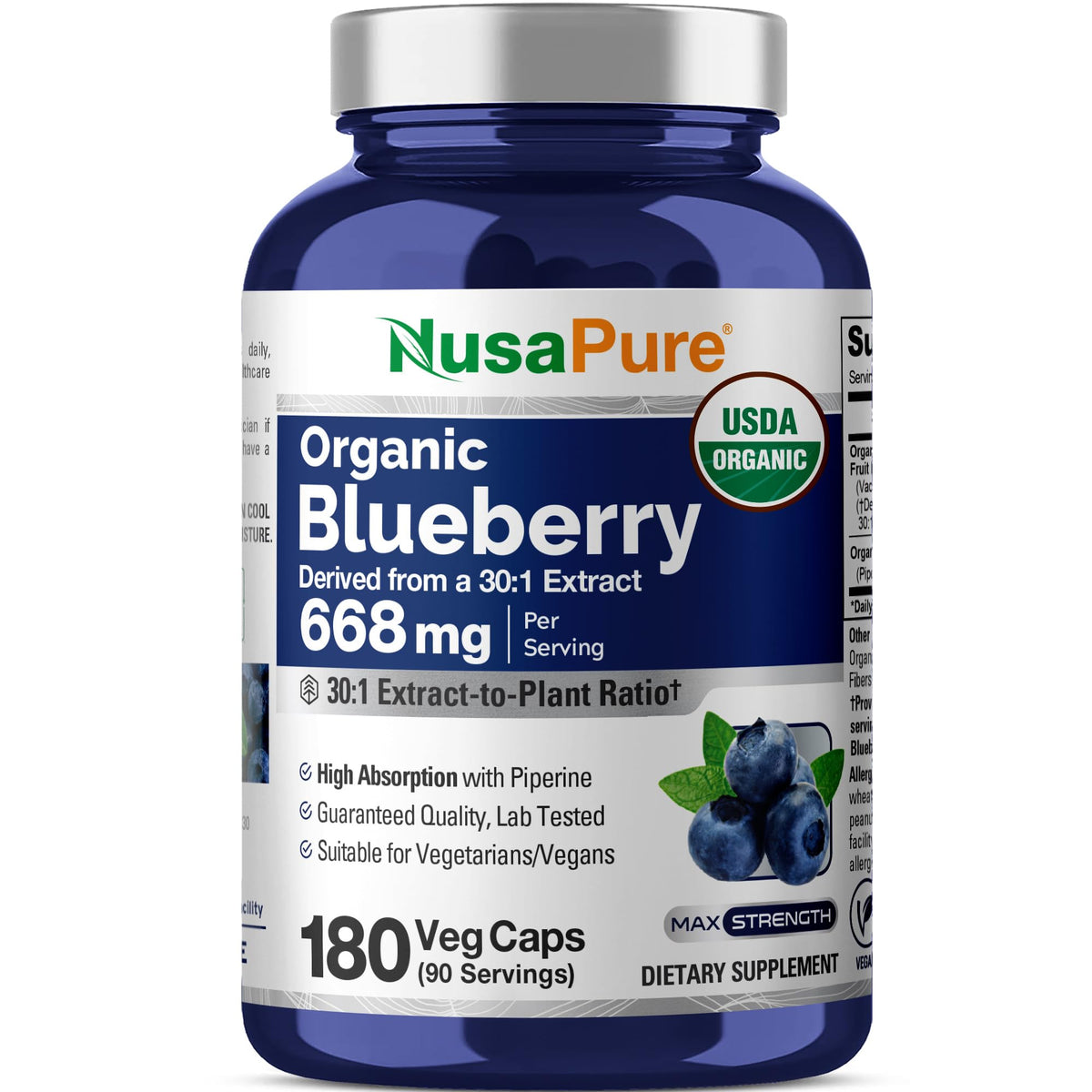 Bouteille de capsules NusaPure myrtille bio 180 capsules