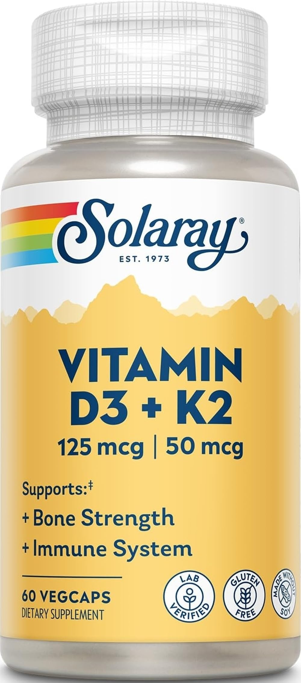 Bouteille de capsules SOLARAY D3 K2 60 VegCaps vue de face
