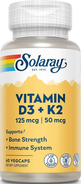 Bouteille de capsules SOLARAY D3 K2 60 VegCaps vue de face