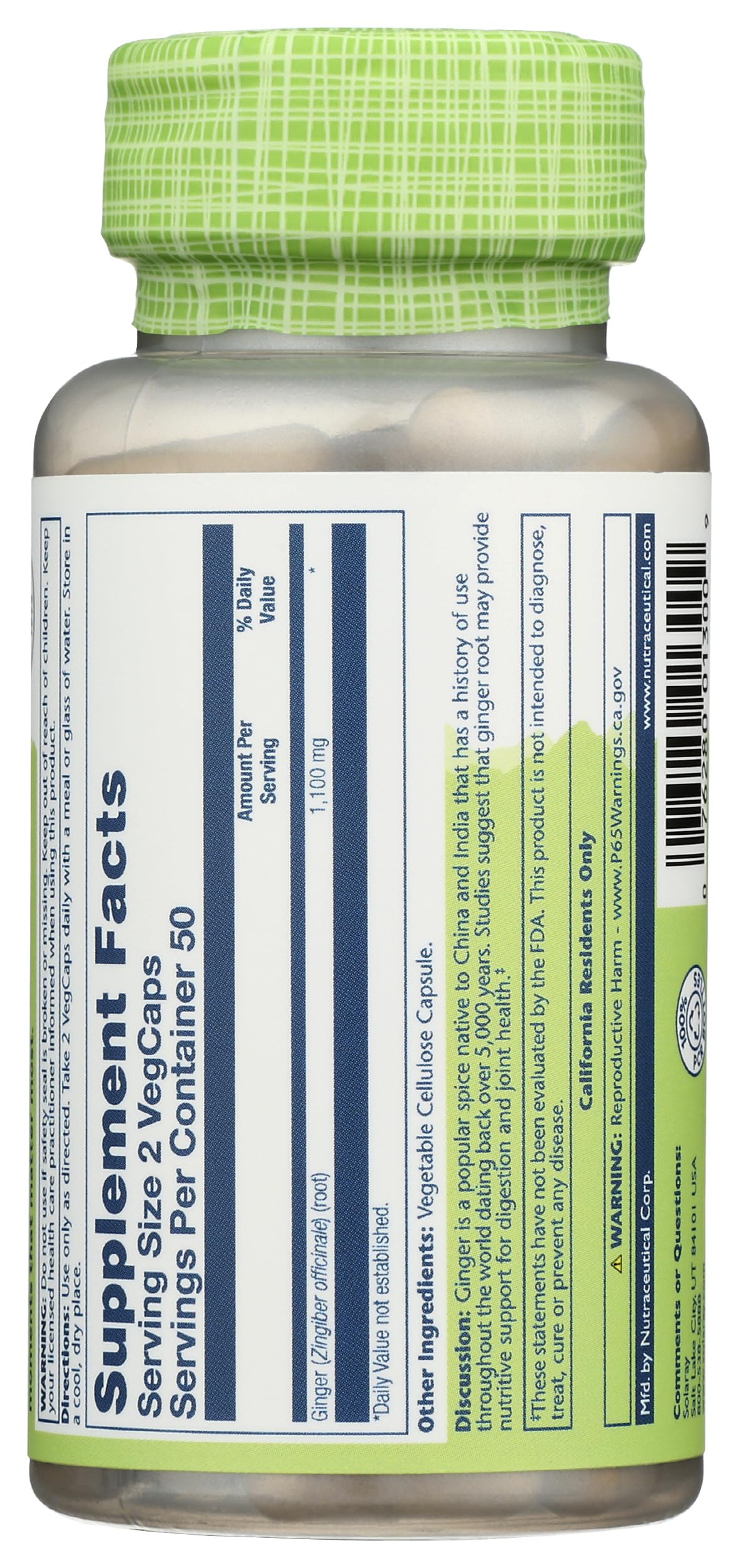 Bouteille de capsules SOLARAY Racine de Gingembre sur une table