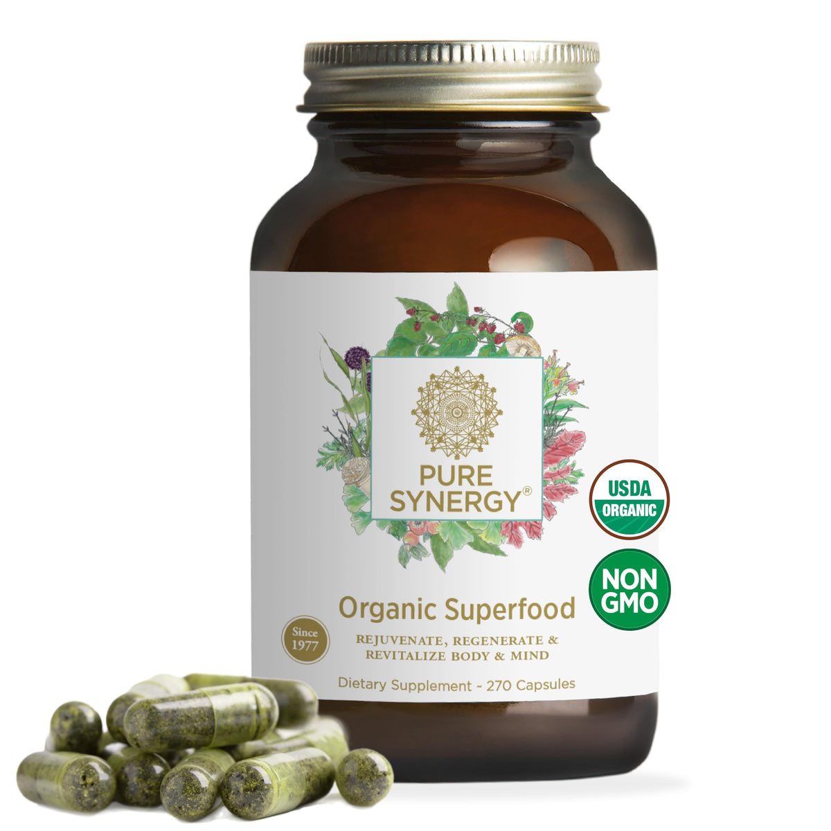 Bouteille de capsules Superfood PURE SYNERGY 270 gélules bio