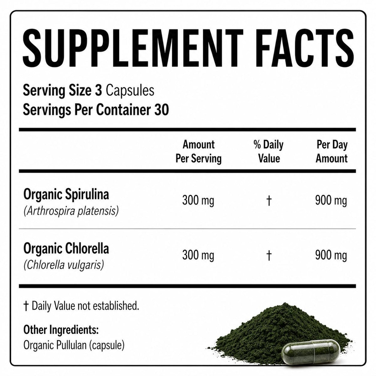 Bouteille de capsules Teaveli de spiruline et chlorelle