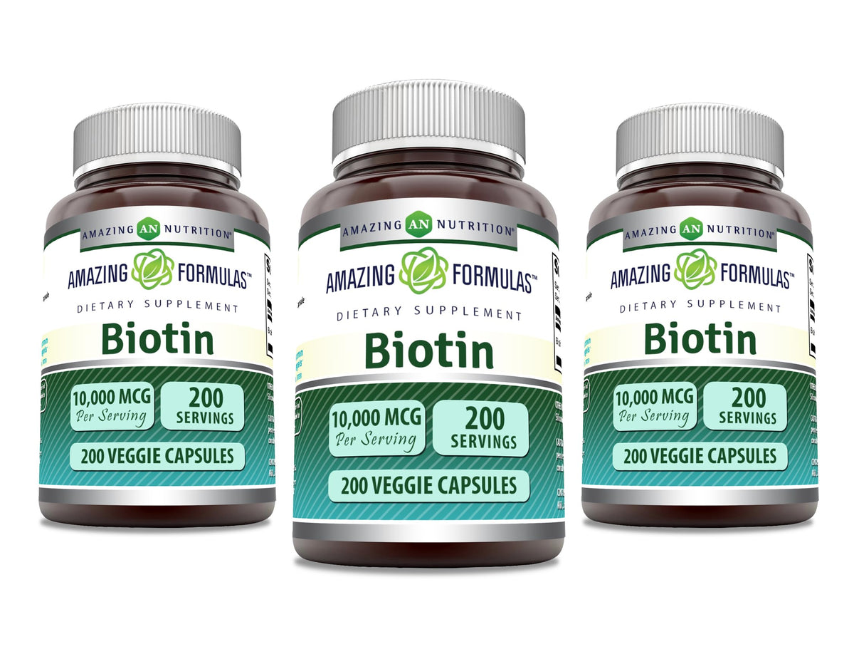 Bouteille de capsules végétales de biotine 10000 mcg Amazing Nutrition vue de face
