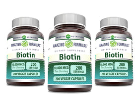 Bouteille de capsules végétales de biotine 10000 mcg Amazing Nutrition vue de face