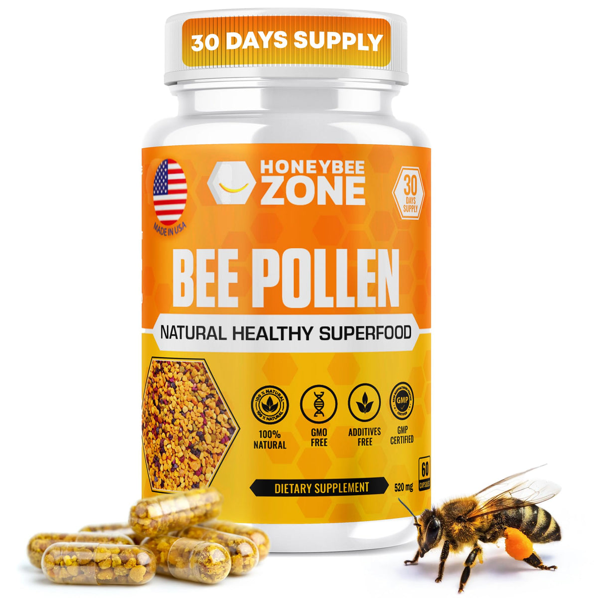 Bouteille de capsules végétales de pollen d'abeille HONEYBEEZONE