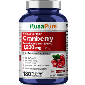 Bouteille de capsules végétales NusaPure Cranberry 1200mg avec 180 capsules