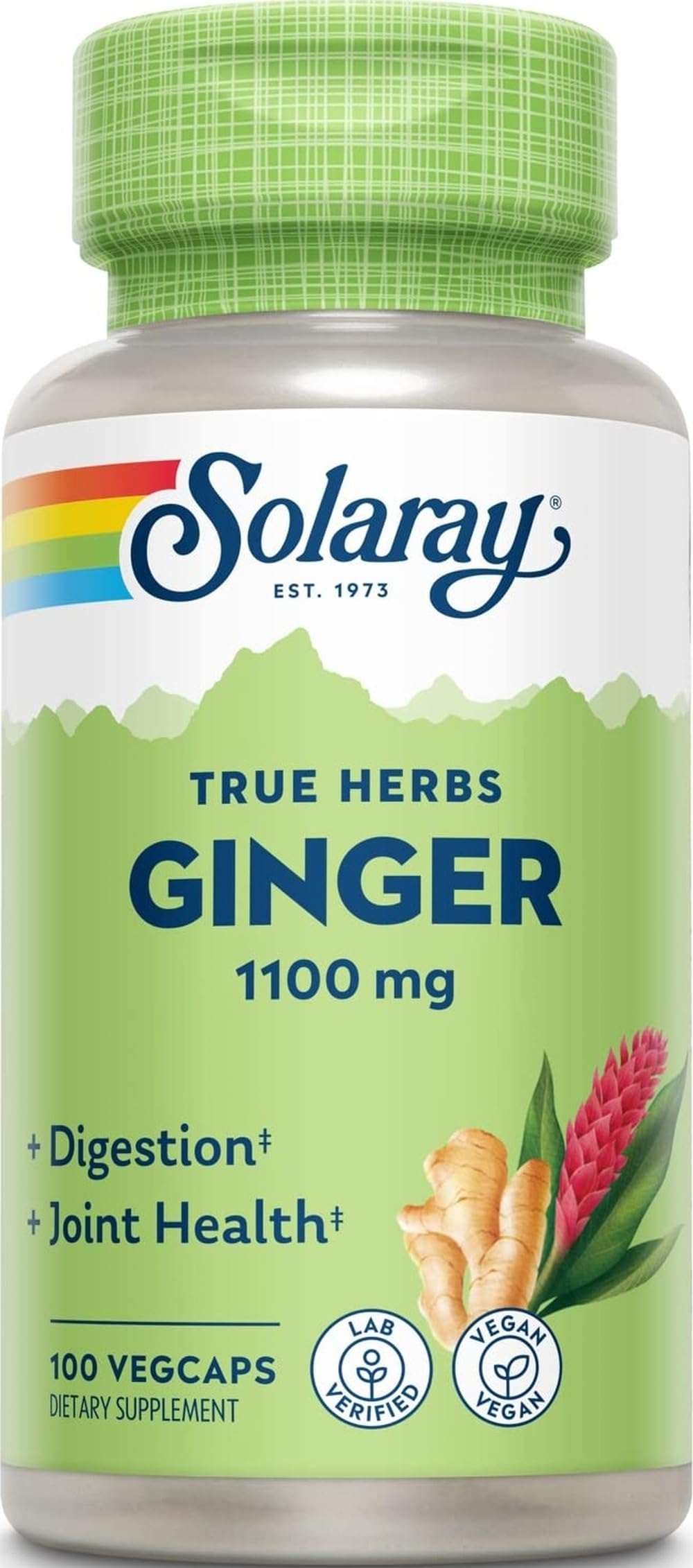 Bouteille de capsules végétales SOLARAY Racine de Gingembre 1100 mg, vue de face