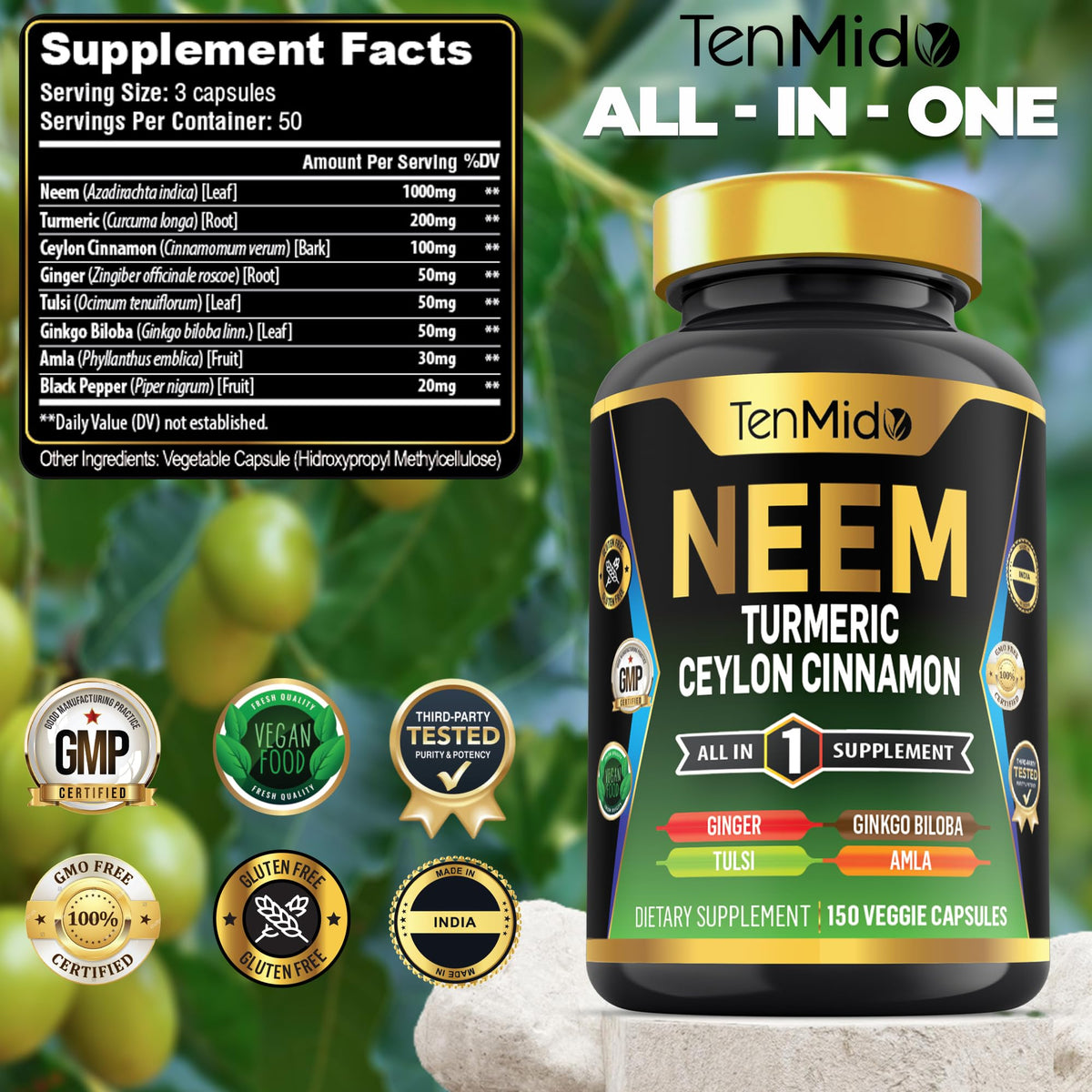 Bouteille de capsules végétales Tenmido Neem 8 en 1