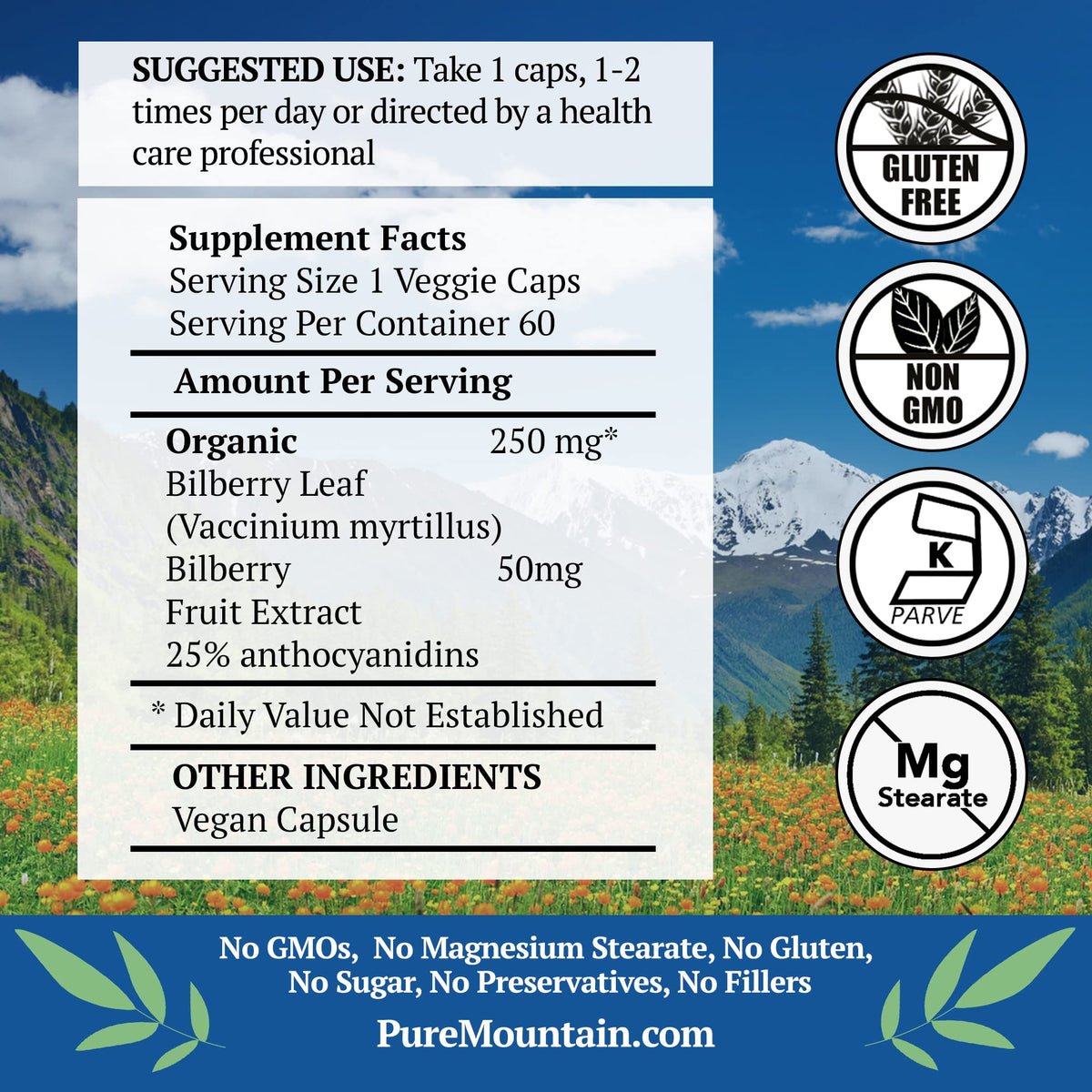 Bouteille de capsules végétaliennes de myrtille Pure Mountain Botanicals