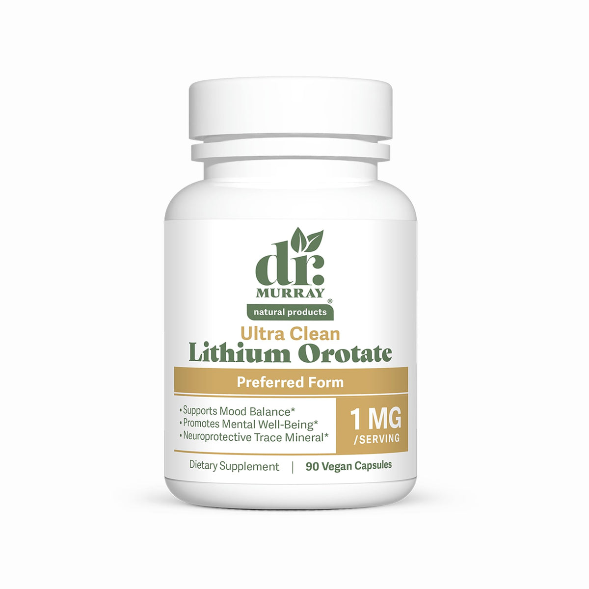 Bouteille de capsules végétaliennes Lithium Orotate 1 mg Dr. Murray vue de face