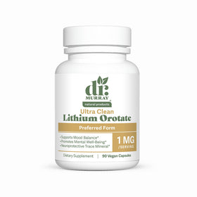 Bouteille de capsules végétaliennes Lithium Orotate 1 mg Dr. Murray vue de face