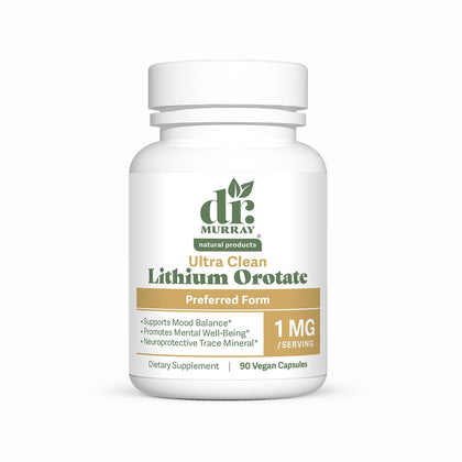 Bouteille de capsules végétaliennes Lithium Orotate 1 mg Dr. Murray vue de face