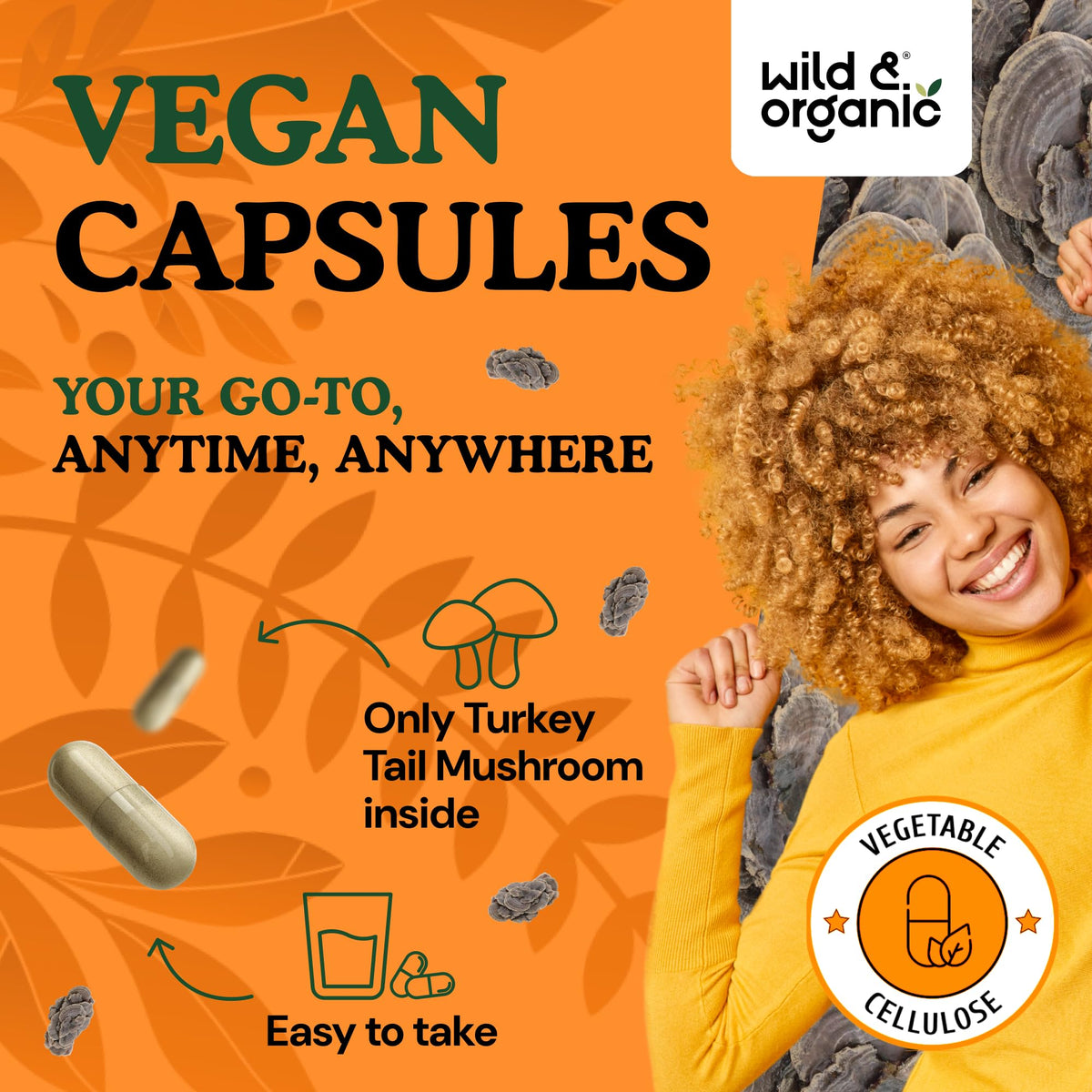 Bouteille de capsules Wild & Organic avec étiquette visible