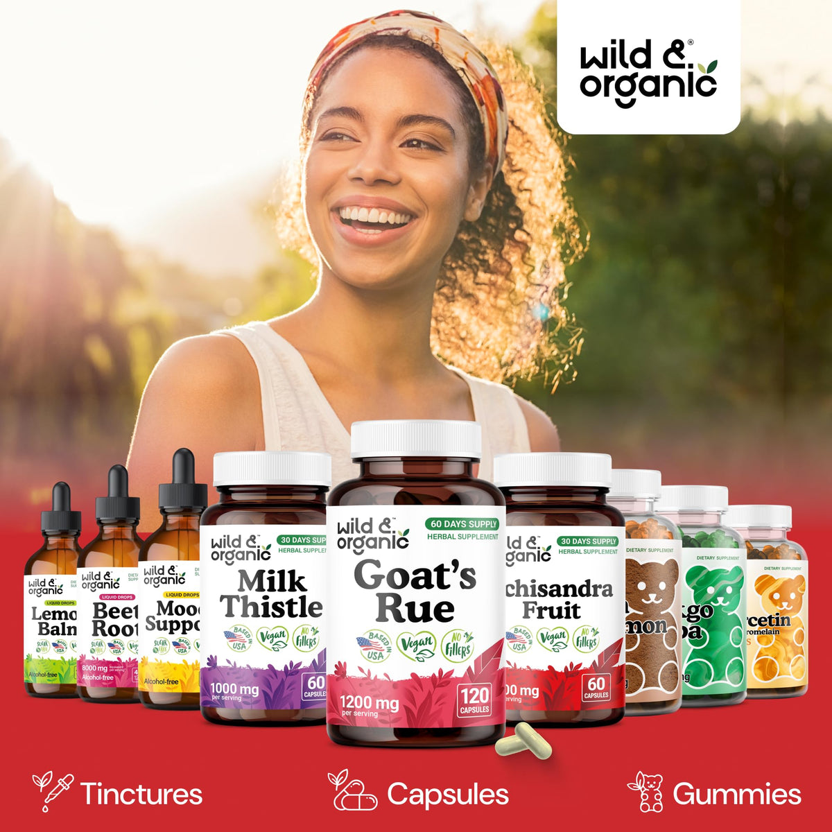 Bouteille de capsules Wild & Organic avec un fond naturel