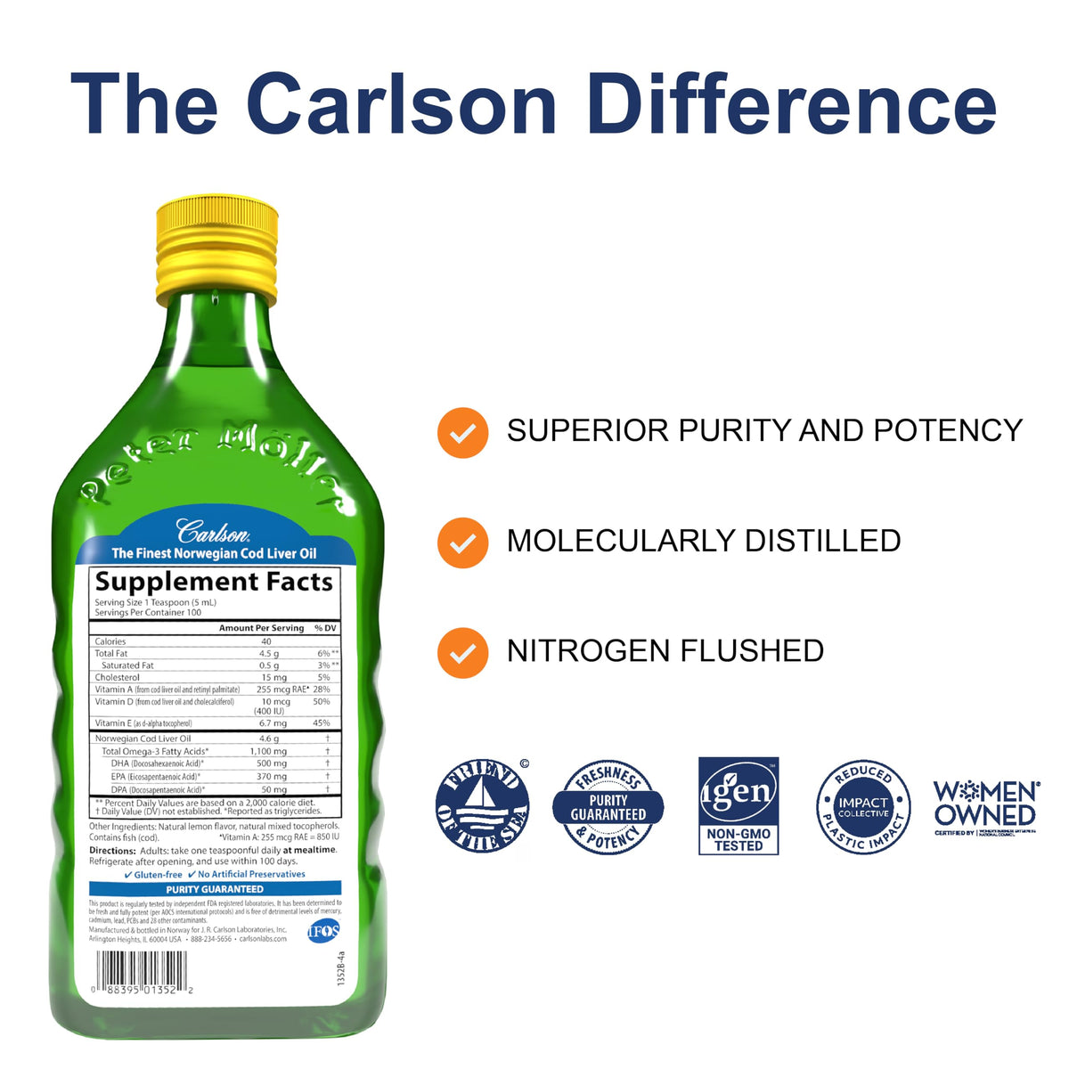 Bouteille de Carlson Huile de Foie de Morue 1100 mg avec étiquette