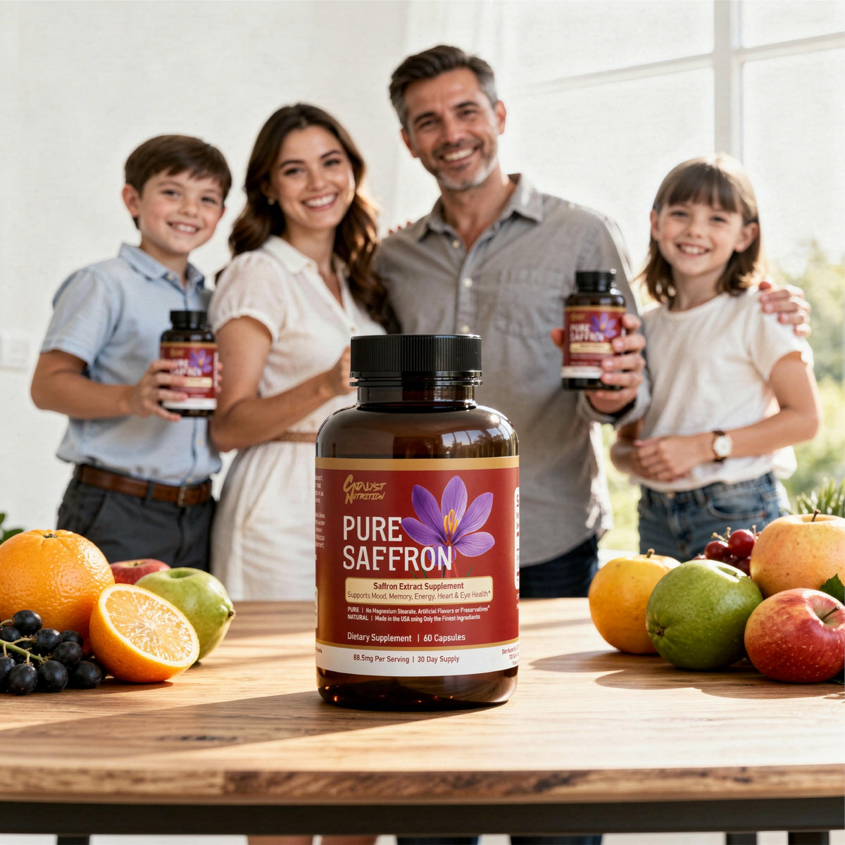 Bouteille de Catalyst Nutrition Extrait de Safran sur une table en bois