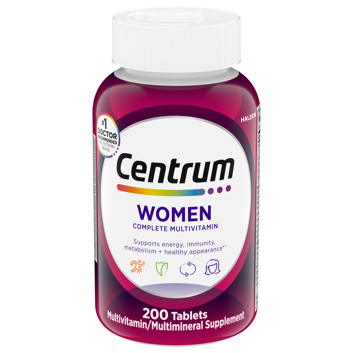 Bouteille de Centrum Multivitamines pour Femmes 200 comprimés vue de face