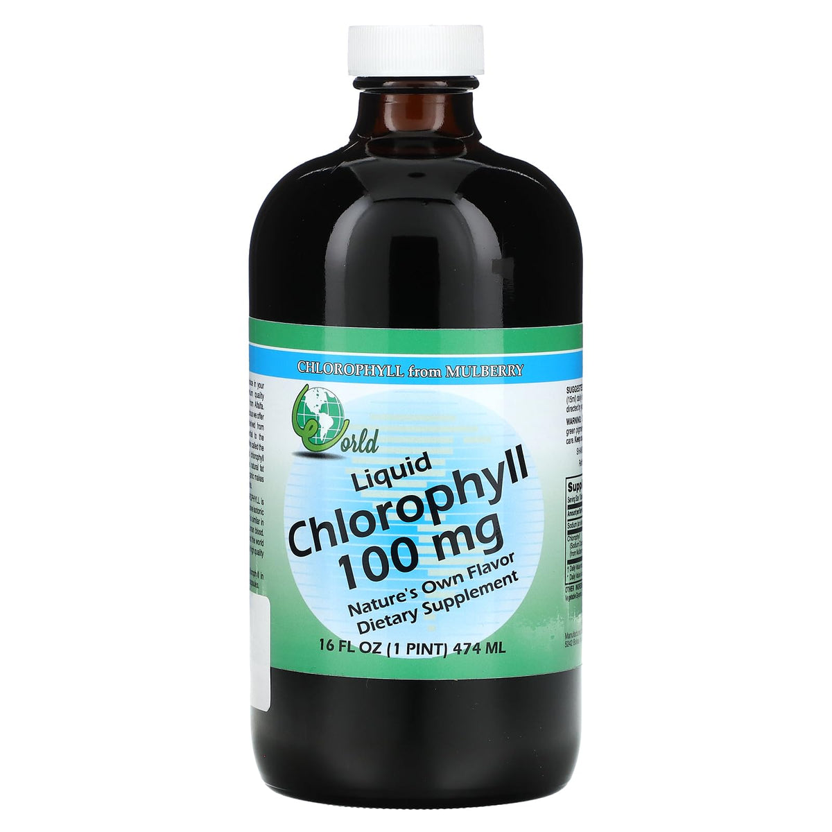 Bouteille de chlorophylle liquide World Organic 100 mg de mûrier vue de face