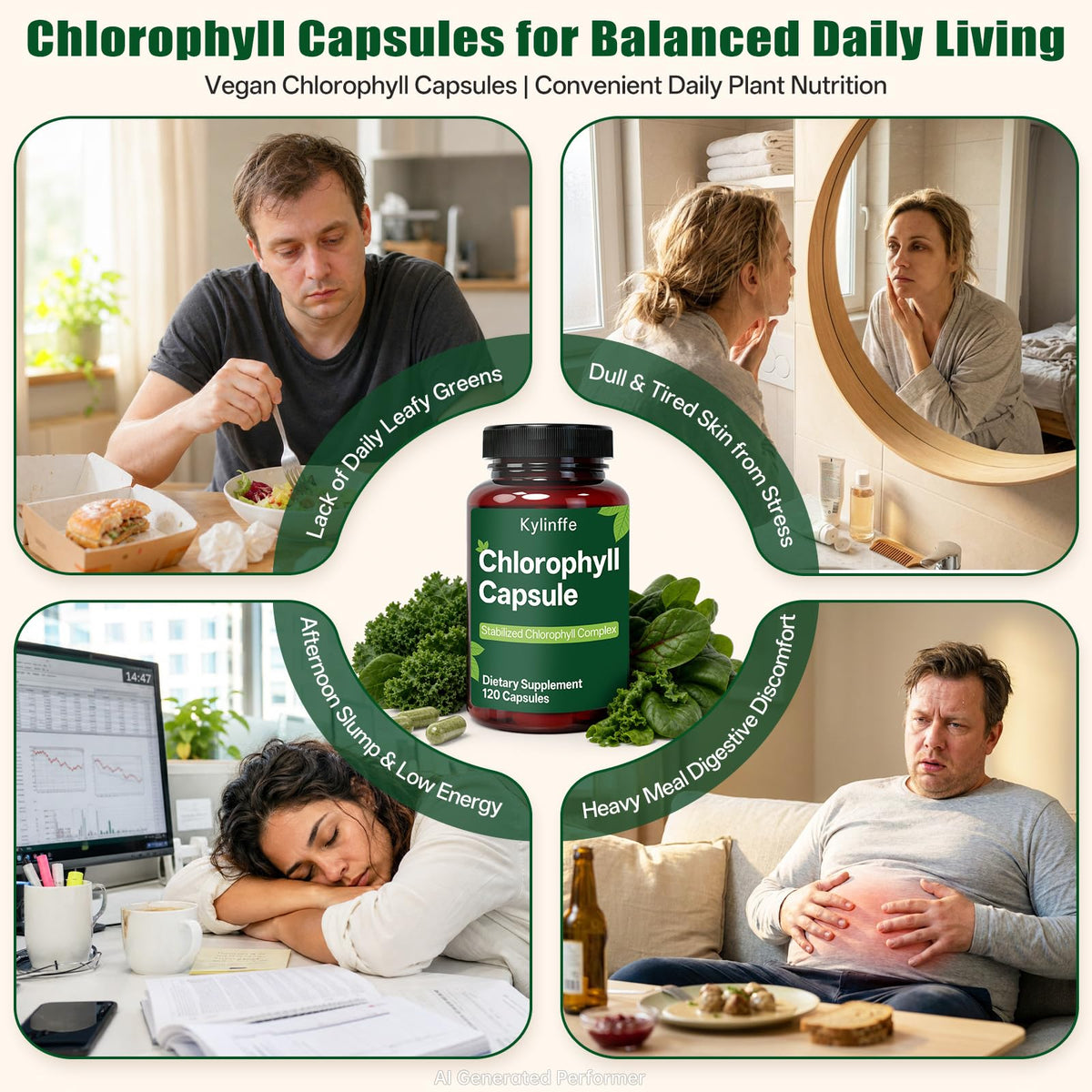 Bouteille de chlorophylle Oopeatol avec capsules près d'une assiette