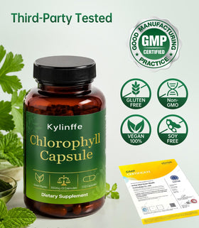 Bouteille de chlorophylle Oopeatol sur une table en bois