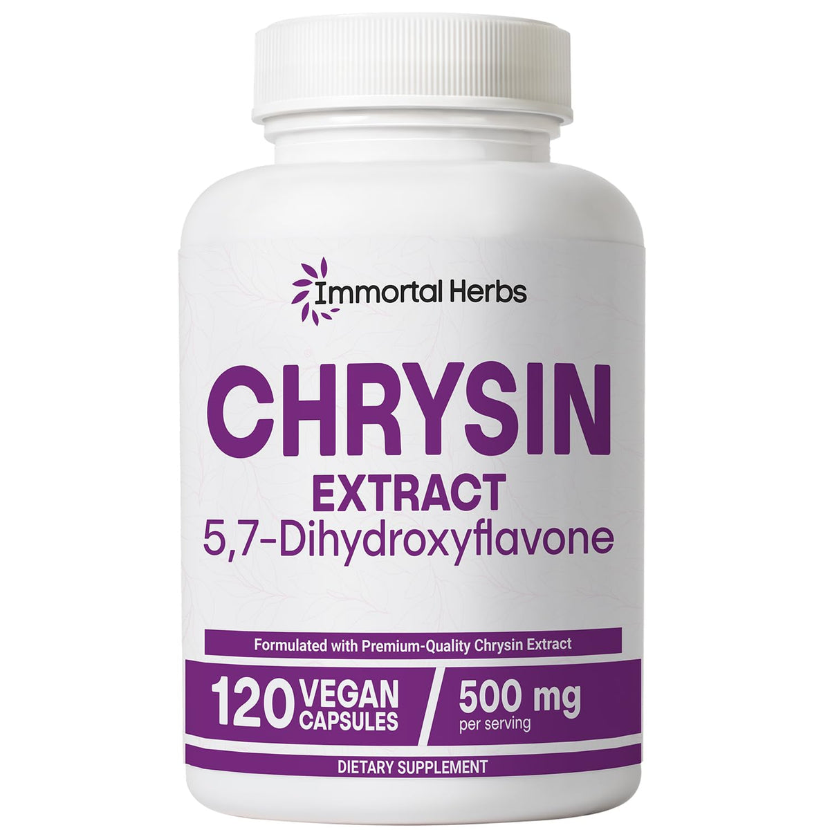 Bouteille de Chrysin 500mg Immortal Herbs, 120 capsules, vue de face