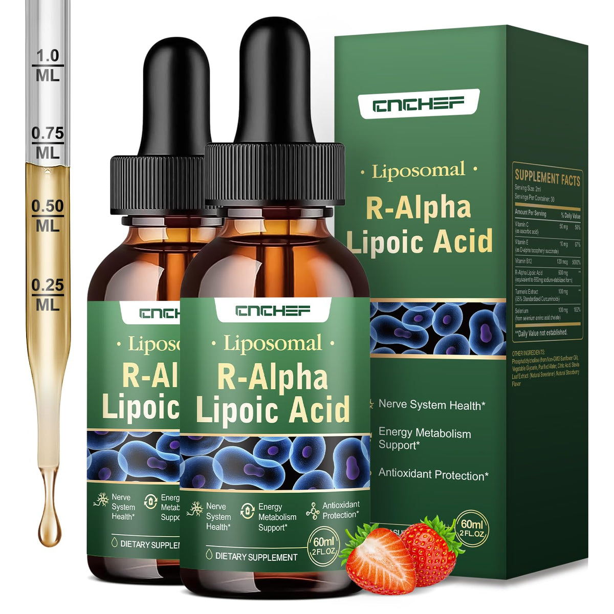 Bouteille de CNCHEF Acide Alpha-Lipoïque 600mg vue de face avec étiquette