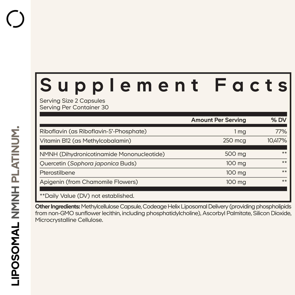 Bouteille de Codeage Liposomal NMNH Platinum 500mg avec étiquette