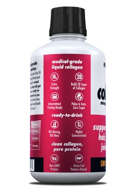 Bouteille de collagène AminoSculpt avec des fruits frais