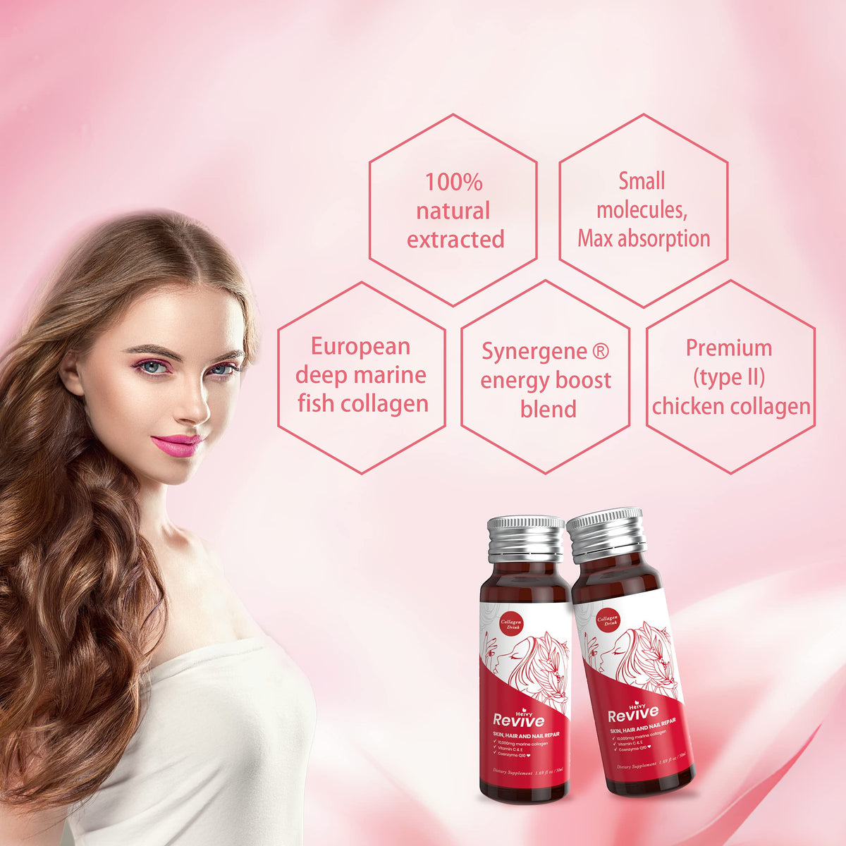 Bouteille de collagène Heivy sur fond naturel