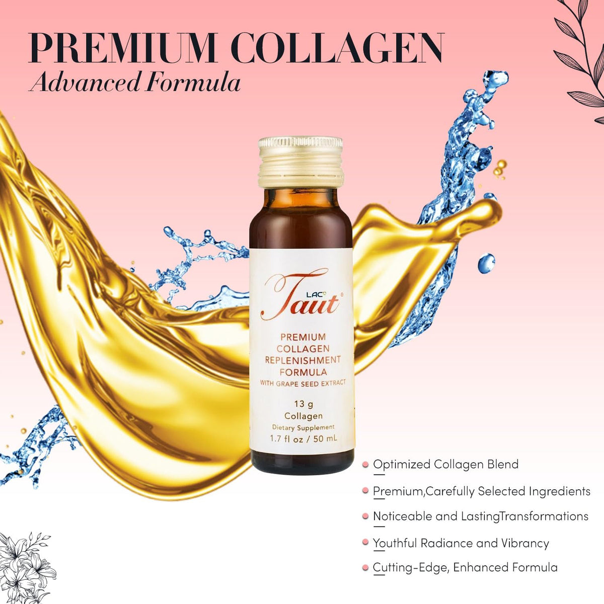 Bouteille de collagène liquide TAUT avec étiquette visible