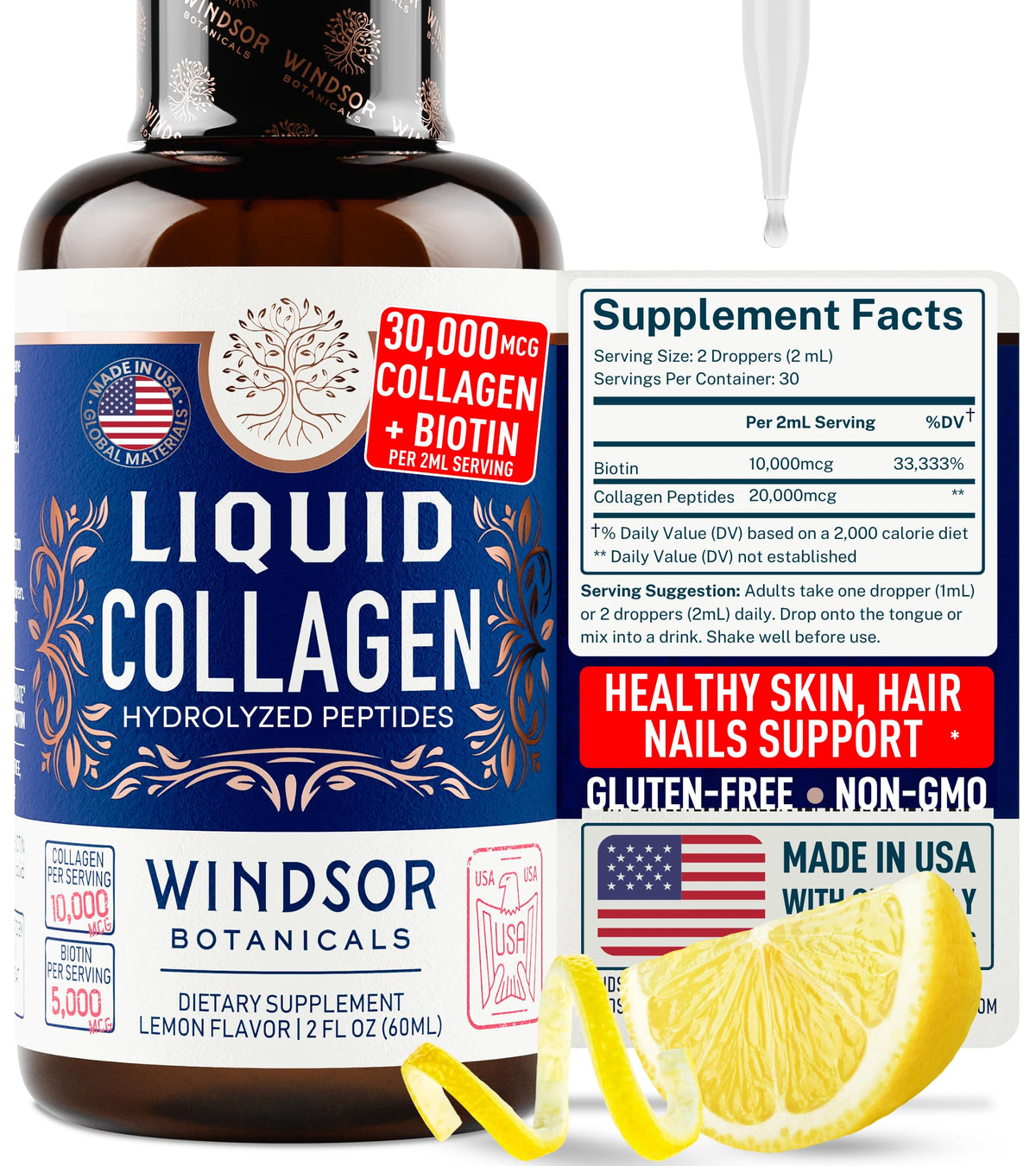 Bouteille de collagène liquide WINDSOR BOTANICALS 60 ml vue de face