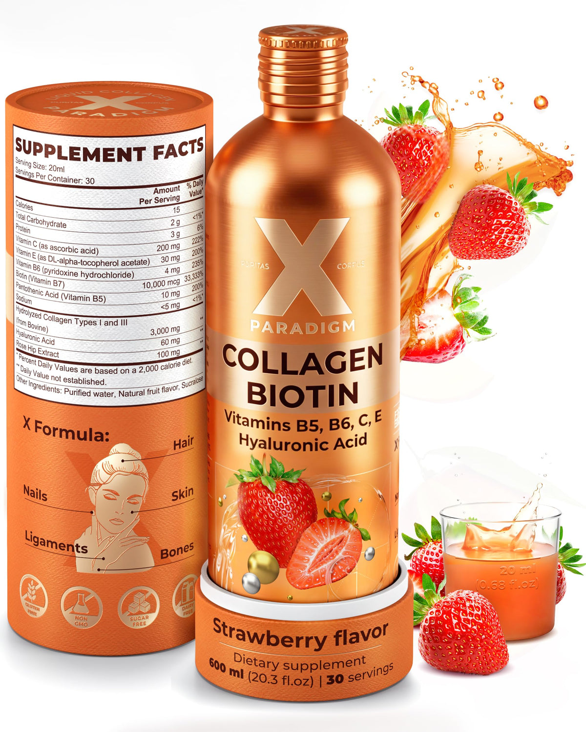 Bouteille de collagène liquide XParadigm 600ml au goût de fraise