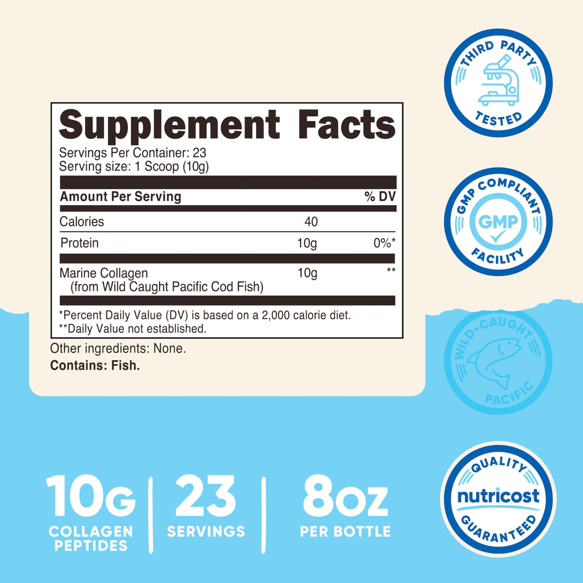 Bouteille de collagène marin Nutricost ouverte avec mesure