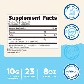 Bouteille de collagène marin Nutricost ouverte avec mesure
