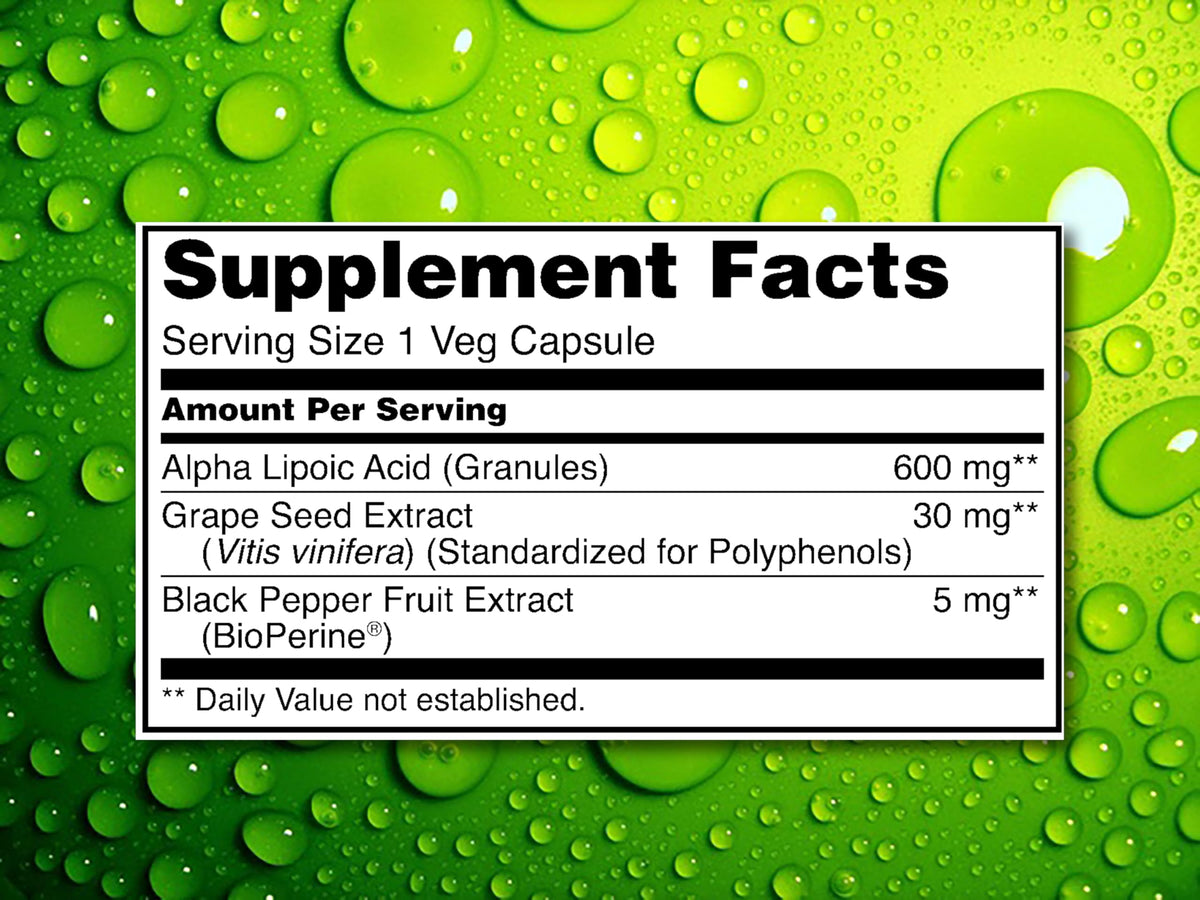 Bouteille de complément ALA 600mg sur fond blanc